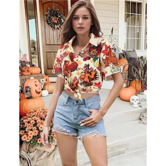 Women’s Thankful Turkey Pumpkin Button-Up Shirt - Fall Hawaiian Tee - Picture 4 of 7